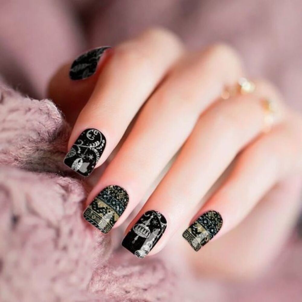 Colour Flash - Traditional Xmas glam, ornaments & patterns, black glitter base